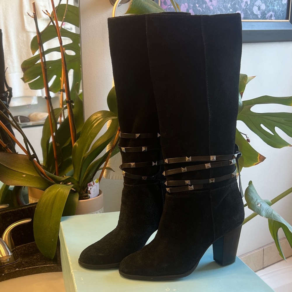 ANTONIO MELANI Black Suede Heeled Boots with lace up Studded Straps